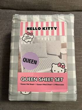 Sanrio 032281111977 New Hello Kitty Gray And White Checkerboard Pattern Queen Size Sheet Set Cotton