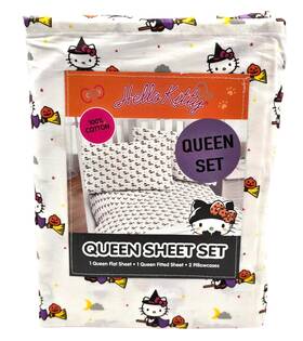234717 Sanrio Hello Kitty Halloween Witch Broomstick Queen Size Cotton Sheet Set - All