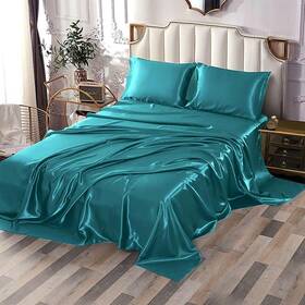 Sfoothome 744110520026 4-piece Queen Size Satin Sheet Set - Teal Fitted Flat 2