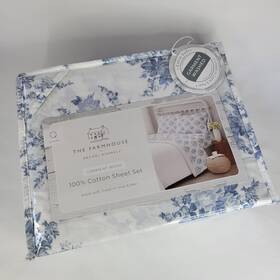 Shabby Chic 783048230737 Ashwell Farmhouse Queen Sheet Set White Blue Floral All Cotton Toile