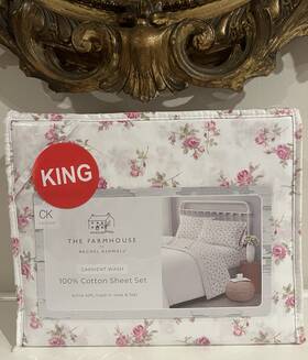 Shabby Chic 783048230782 Rachel Ashwell Farmhouse King Sheets Pink Roses Sage Leaves Cotton