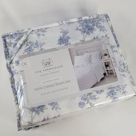 Shabby Chic 783048230829 Ra Ashwell Farmhouse Cali King Sheets White Blue Gray Floral Cotton