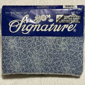 Signature 034137003023 Vintage Full Sheet Set 4pc Blue Leaf No Iron New Nos