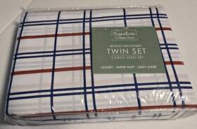 Signature Collection 091116729664 Printed Microfiber 3-piece Sheet Set Twin Glenwood Navy Striped