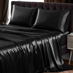 Xd0436 Siinvdabzx Satin Sheet Set Bed Sheets Deep Pocket Pillowcases Black Twin 3-pc