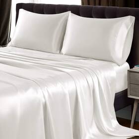 Xd0450 Siinvdabzx 4pcs Satin Sheet Set Queen Size Ultra Silky Soft Ivory White Bed She