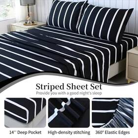 Iaa459202-b Simplicity Mag 4pcs Black And White Full Striped Sheets Set Zebra Deep Po