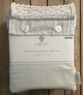 Simply Shabby Chic 490621902102 Pale Blue Linen Cotton Blend And Crochet Twin Sheet Set New