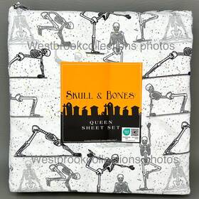 3311cs Skull & Bones And 4pc Queen Sheet Set Skeletons Doing Yoga Poses Black White