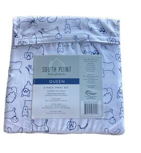 South Point 840125931328 6 Pc Queen Sheet Dog Cat Print 100% Microfiber White Navy