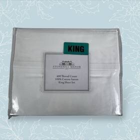 Stonehill Manor 904424210224 White Sateen Sheet Set King 400 Thread Count Cotton Luxury