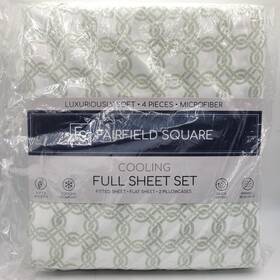 Sunham 734737733541 Microfiber Printed 4 Pc Sheet Set - Full -cooling -sage Green Pattern/ White New