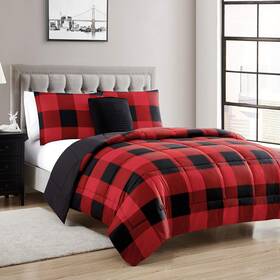 Sweet Home Collection 842491139032 4 Piece Buffalo Check Plaid Design Reversible To Solid Color With 2 Shams And T