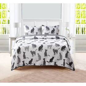 92823123 Tadpoles Grey Cats Animal Pom Trimmed Quilt Set With 1 Full/queen