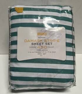 Target 753976375947 Vintage New Home Damask Stripe Queen 450 Thread Count Sheet Set - Green