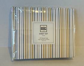 The Big One 400885315297 Twin Classic Stripe Sheet Set Blue Tan White 275 Tc - New