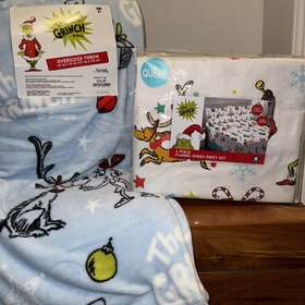 The Grinch 073558840589 New Dr. Seuss 4 Piece Flannel Queen Sheet Set And Throw Blanket 50 Inch X70