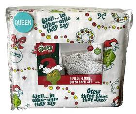The Grinch 073558856627 Franco Dr. Seuss Queen Sz 4-piece Cotton Flannel Sheet Set Christmas