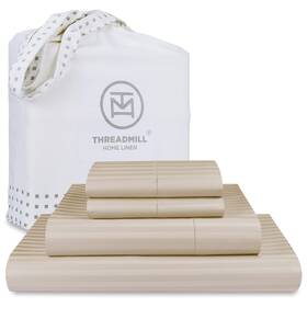 Thm-600-str-beige-k Threadmill Beige King Size 100% Cotton Sheet Set 600 Tc 16 Inch Pocket Damask Stripe Sateen