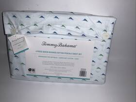 Tommy Bahama 199165055373 Iconic Marin Blue Green Queen 4pc. Washed Cotton Percale Sheets Nwt