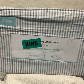 Tommy Bahama 883893851887 4pc King Sheet Set Paloma Stripe Blue And White 100% Cotton Percale