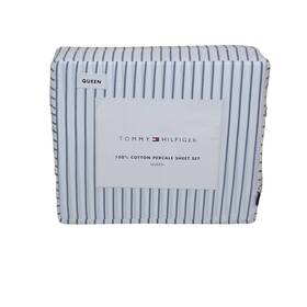 Tommy Hilfiger 199165080177 100% Cotton Percale Sheet Set Queen Blue And White Striped Bedding Tommy Hilfiger 199165080177 100% Cotton Percale Sheet Set Queen Blue And White Striped Bedding