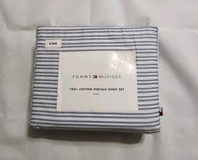 Tommy Hilfiger 883893979932 Forever Mini Stripe Blue 4pc King Sheet Set 100% Cotton Percale