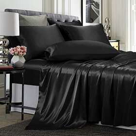Treely 745678556274 6 Piece Satin Sheets Queen Size Silky Smooth Black Sheet Set With Deep Poc