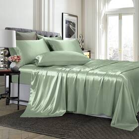 Trely220413-008 Treely 6 Piece Satin Sheets Queen Size Silky Smooth Sage Green Sheet Set With Dee