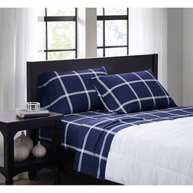 Truly Soft 783048138774 Printed Windowpane White And Navy Polyester 4-piece Queen Sheet Set Geometri