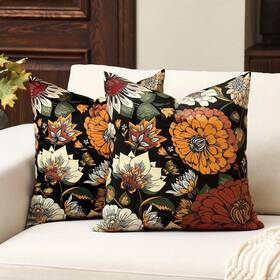 Ztal250501fba Tyrot Black Boho Floral Fall Velvet Throw Pillow Covers Set Of 2 Farmhouse Cushion