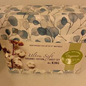 Ultra Soft Shm35zk Organic Cotton King 4pc Sheet Set Blue/white Floral Deep Pocket 17 Inch