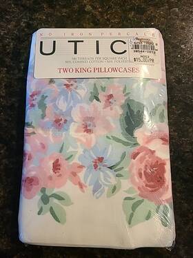 Utica 028828271303 2 King Pillowcases Brideshead Rose Floral Pink Striped Usa Vtg 90s New Nos