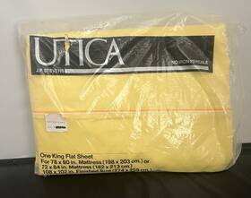 M70658 Utica Vintage 80s King Flat Sheet Cotton Blend Percale Daffodil Yellow New Nos