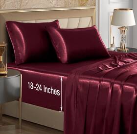 Qjfz21212-105 Vacvelt Queen Burgundy Satin Sheet Set Extra Deep Pocket Silky Soft Bedding 4pcs