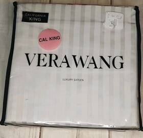 Vera Wang 883893929265 4pc Cal King Sheet Set Satin Weave Dobby Stripe Cotton Beige Gray New