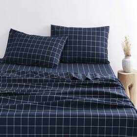 Wake In Cloud D0220-cd4-q M 4 Piece Queen Size Geometric Bed Sheet Set Navy Blue Plaid Gingham Deep Pocket