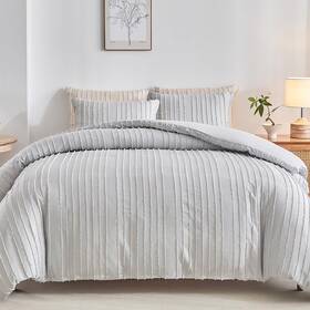 Warmdern 639846833321 Light Grey Tufted Duvet Cover Set Queen Size Striped Textured