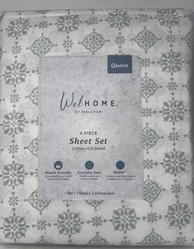 1769485 Welhome Cotton Blend Sateen Weave White/ditsy Medalion 4pc Sheet Set Queen