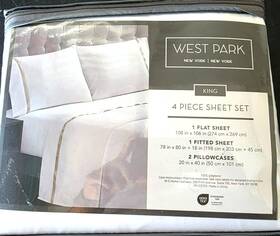 West Park 038992963263 Hotel Ribbon Hem 4-piece Sheet Set - White /taupe King Size