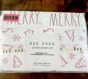 White 192598755674 Rae Dunn Queen Sheet Set Merry Christmas Trees Holidays Red Super Soft New
