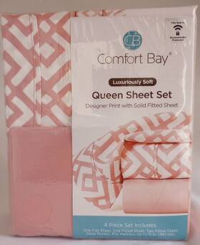 67227 White Comfort Bay Queen Size Sheet Set 4 Piece Pink/white New 67227 White Comfort Bay Queen Size Sheet Set 4 Piece Pink/white New