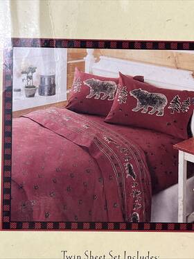 Woolrich 490601101211 Vtg Red Bear Trees Twin Flannel Sheet Set 100% Cotton Target 2003 New