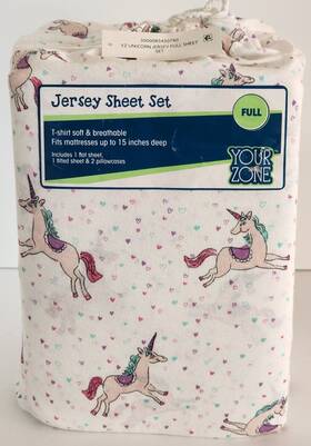 Yz8001020622-02 Your Zone Jersey Sheet Set Unicorn Full Fits Mattresses Up To 15 In New