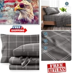 Elegant Queen Bed Sheet Set - 1800 Thread Count Plaid Microfiber, Grey/white. Fixed Price $67.18.