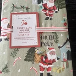 Pottery Barn Kids Candy Cane Holiday Village Organic Sheet Set Queen Green Nwt. Fixed Price $119.00.