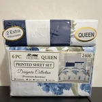 Hejeme Queen 6 Piece Premium Bamboo Deep Pocket Floral White Blue Sheet Set 2400. Fixed Price $25.00.