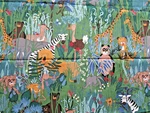 Vtg House Home Fabric Jungle Animals Safari 56" Bty New Green Blue Gold. Fixed Price $9.34.