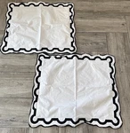 Pair Matouk White Pillow Shams Black Scalloped Boarder Standard Size 21" By 25". Fixed Price $65.00.
