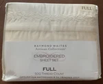 Raymond Waites Artisan Collection Full 500 Thread Count Embroidered Sheet Set. Fixed Price $150.00.